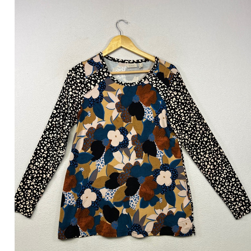 Eclectic LOGO Lori Goldstein Womens S Tan Blue Floral Leopard Mixed Media Top